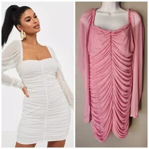 Missguided Tall Mesh Pink Ruched Long Sleeve Mini Dress